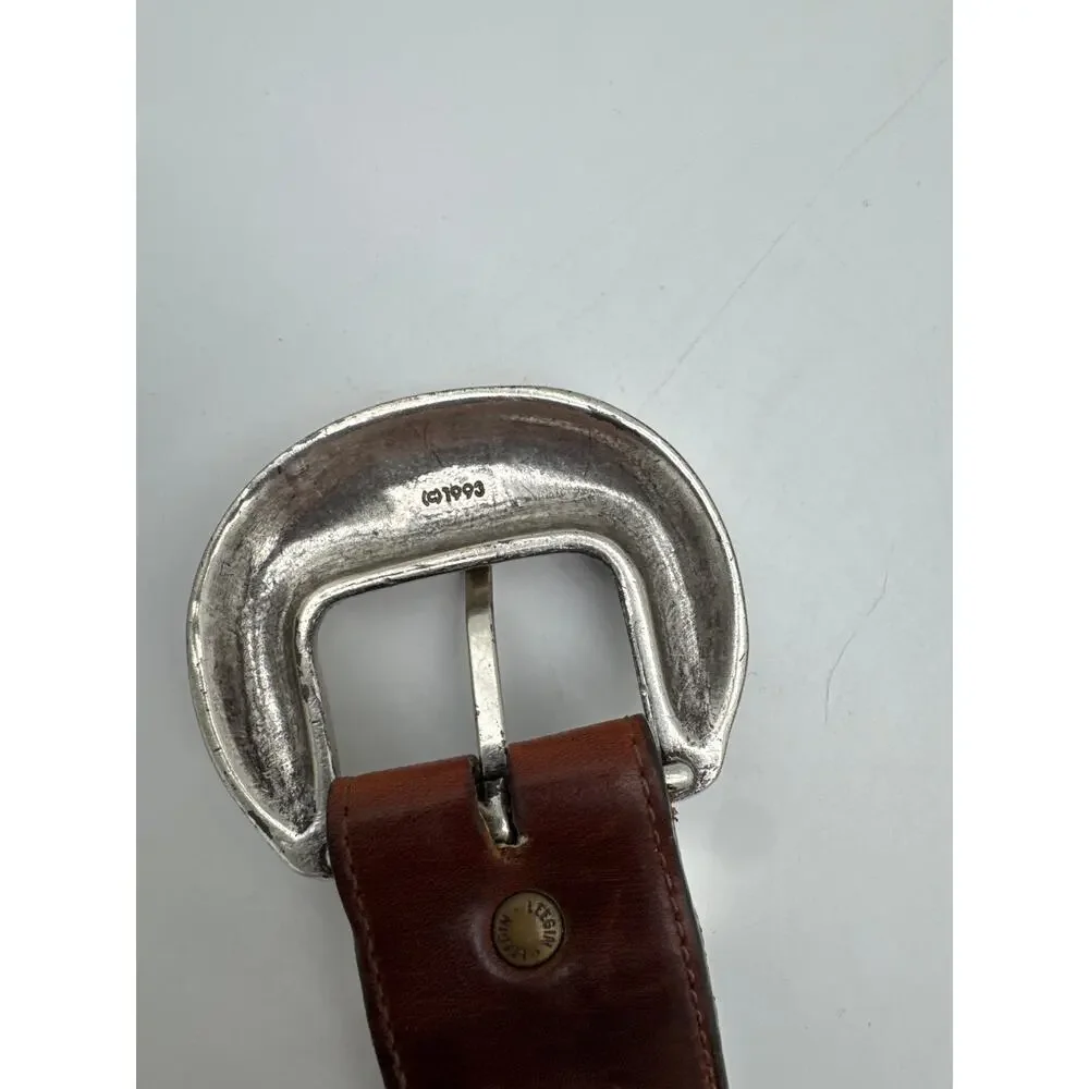 Brighton Embossed Genuine Brown Leather Belt Silver 1993 Buckle 28.5”  USA Made‎